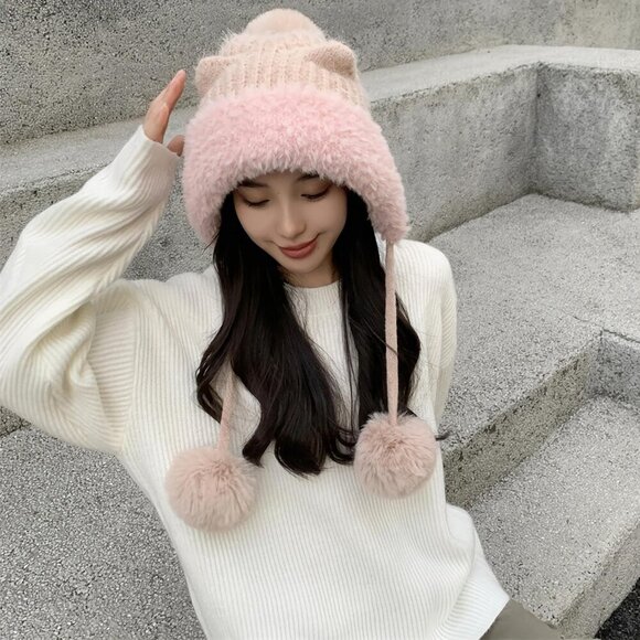 Women pink 2 Winter Sherpa Beanie Hats Knit Ear Flaps Peruvian Cover Ears main image 4